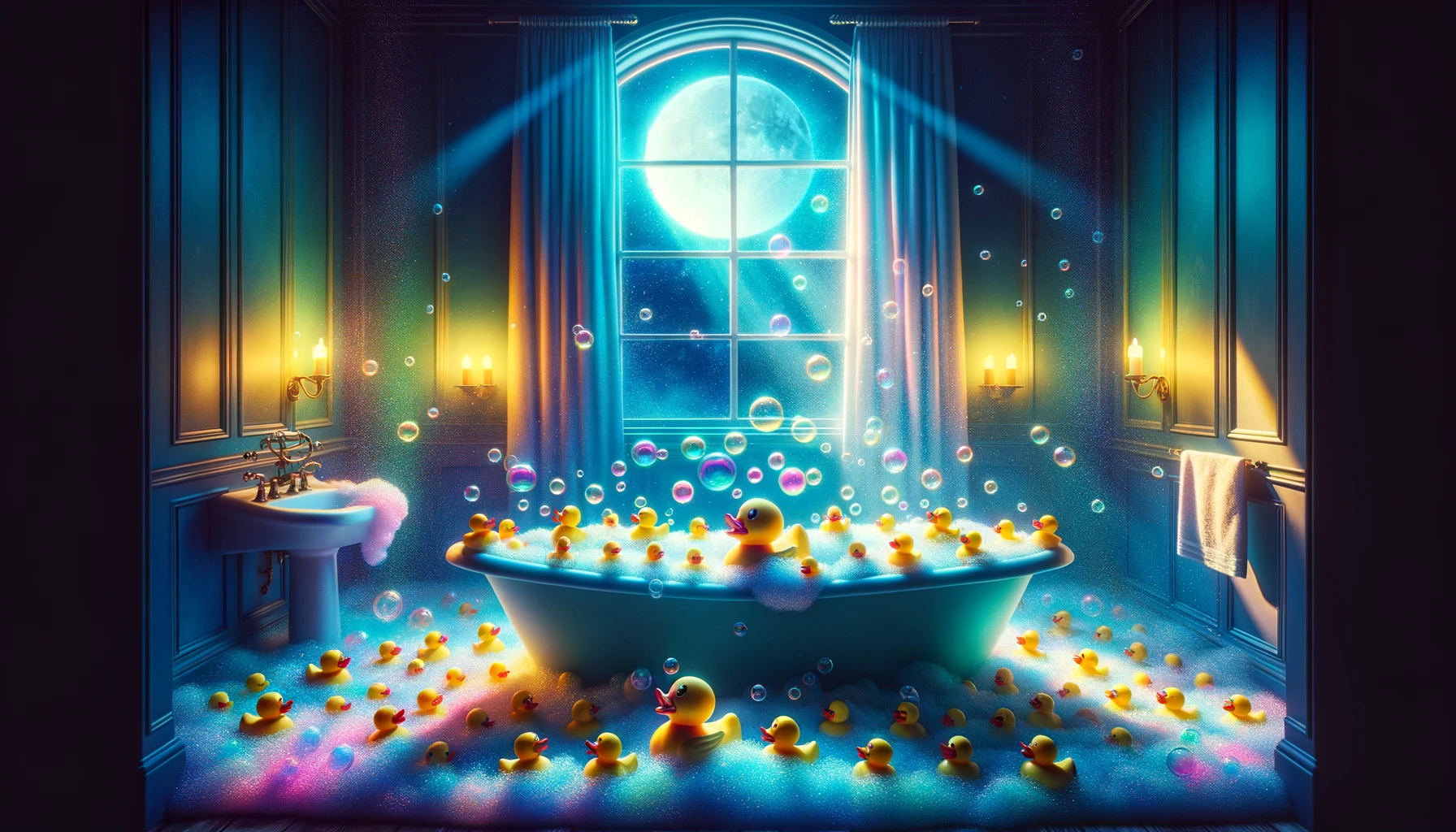 A whimsical gathering of rubber ducks in a bubble-filled bathtub under moonlight, perfectly matching the playful and mystical theme of the Quackmire Council's latest debate