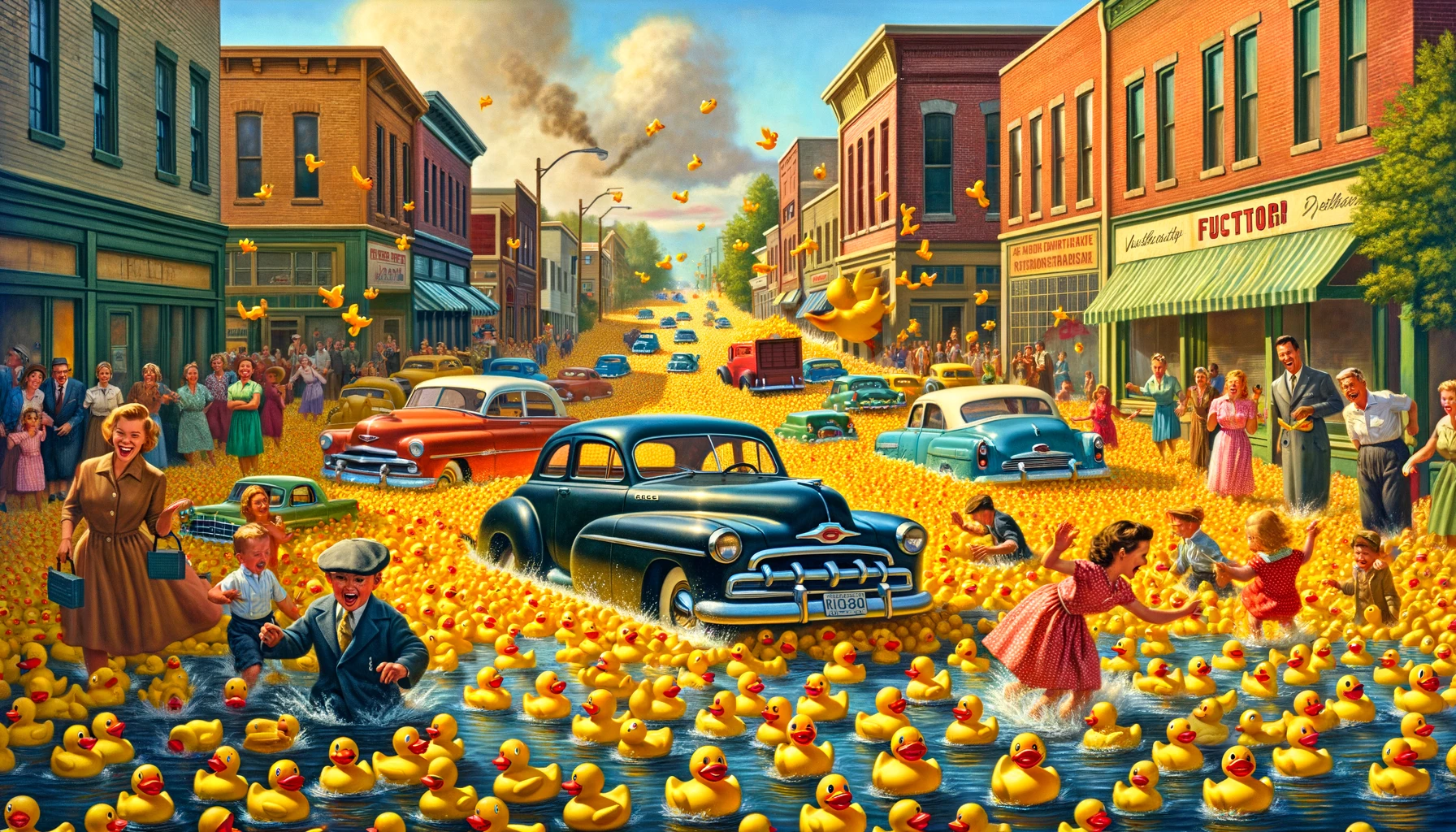 a bustling small town street from the 1950s, overwhelmed with a colorful flood of rubber ducks. The scene is humorous and chaotic, with vintage cars and bewildered townspeople navigating through a sea of yellow ducks